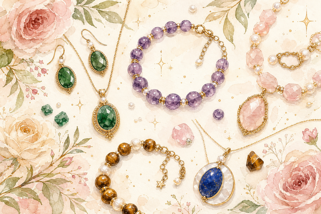 Model wearing gemstone jewelry — emerald pendant and colorful stone pieces from Starryve