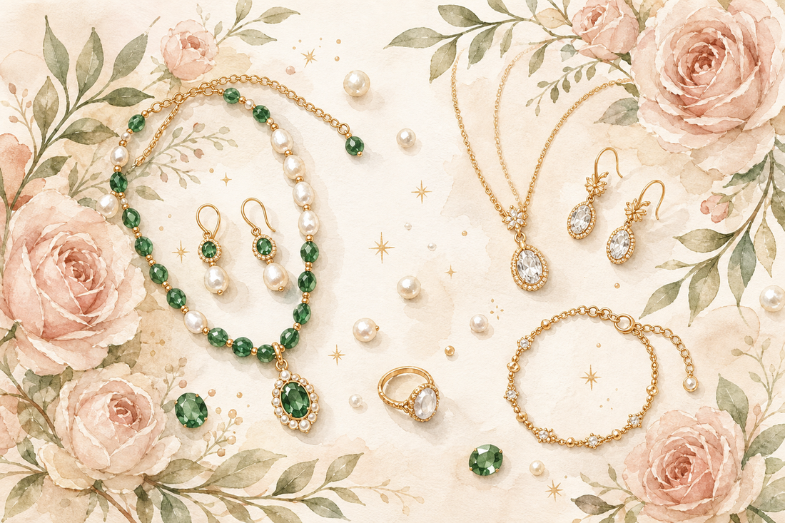 Model wearing Emerald Garden Set — how to style jewelry sets without looking too matched