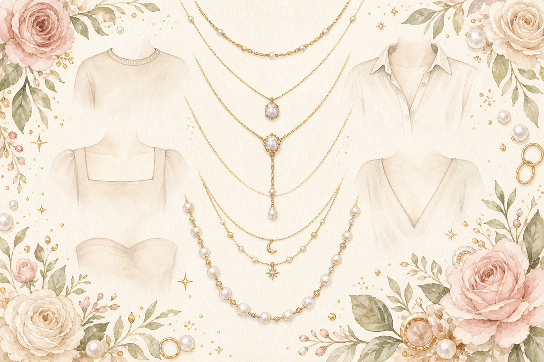 Model wearing gold necklace styled to match neckline — necklace length and neckline styling guide