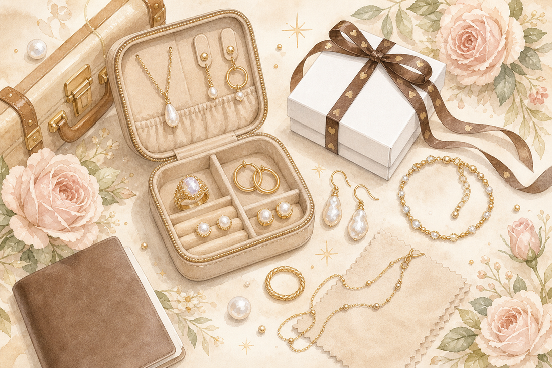 Model wearing versatile travel jewelry — minimalist gold chain and pearl pieces for trips and events