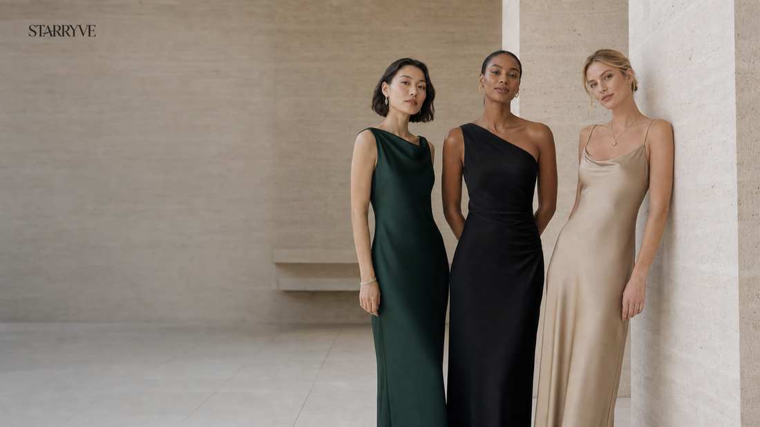 Three women in elegant dresses wearing refined jewelry