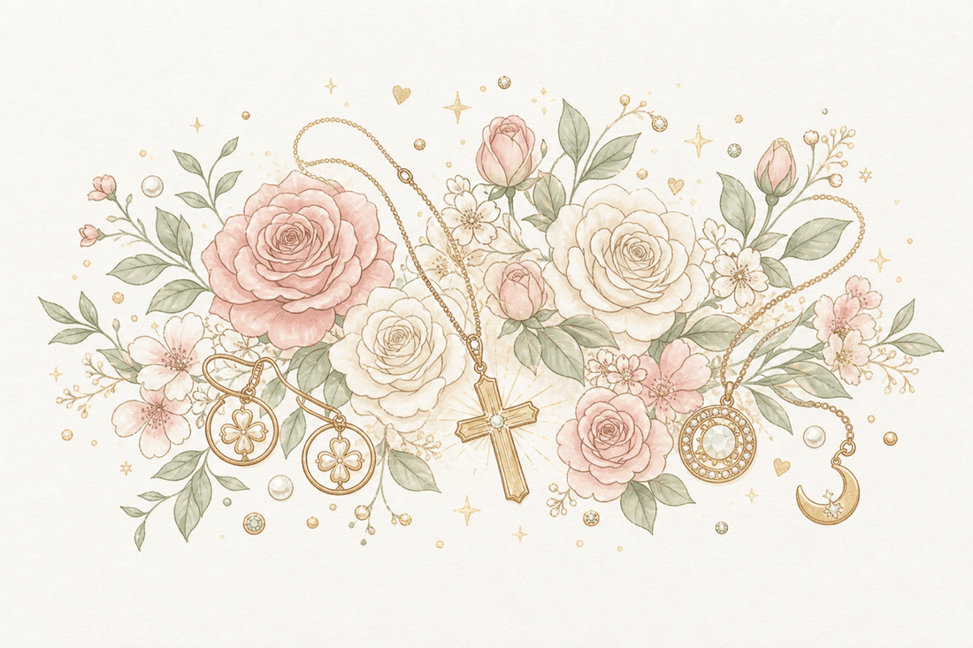 Watercolor illustration of faith and starlight symbolic jewelry with cross necklace, clover hoops, moon charm, flowers, and gold stars