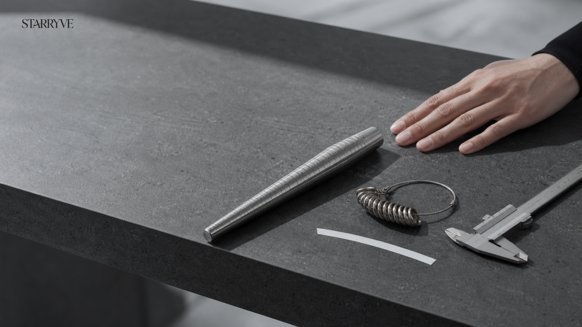 Ring sizing mandrel, gauges and caliper arranged on dark stone