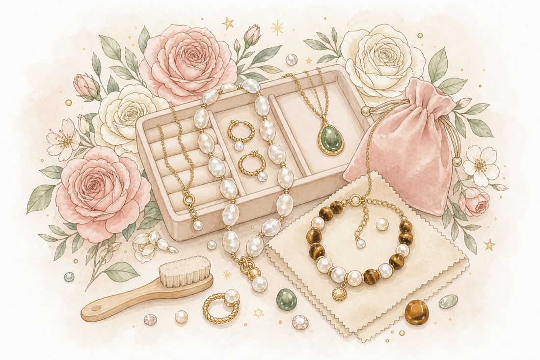 Watercolor illustration of a jewelry care tray with baroque pearls, gold chain, tiger's eye bracelet, green stone pendant, soft cloth, brush, pouch, and flowers