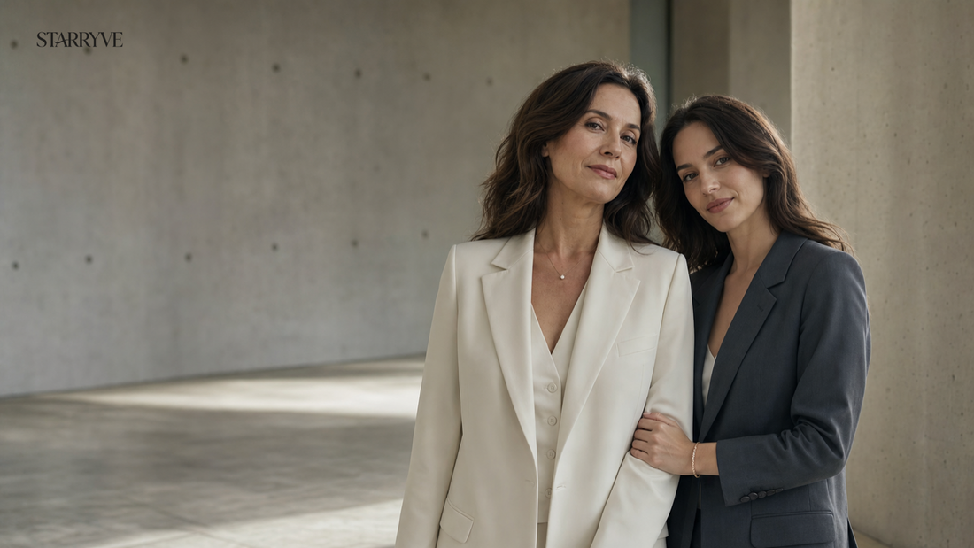 Mother and adult daughter together in a minimalist gallery interior