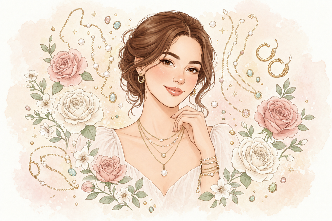 Watercolor fashion illustration of a woman wearing layered gold and pearl necklaces, hoop earrings, bracelet stack, roses, and gemstone accents