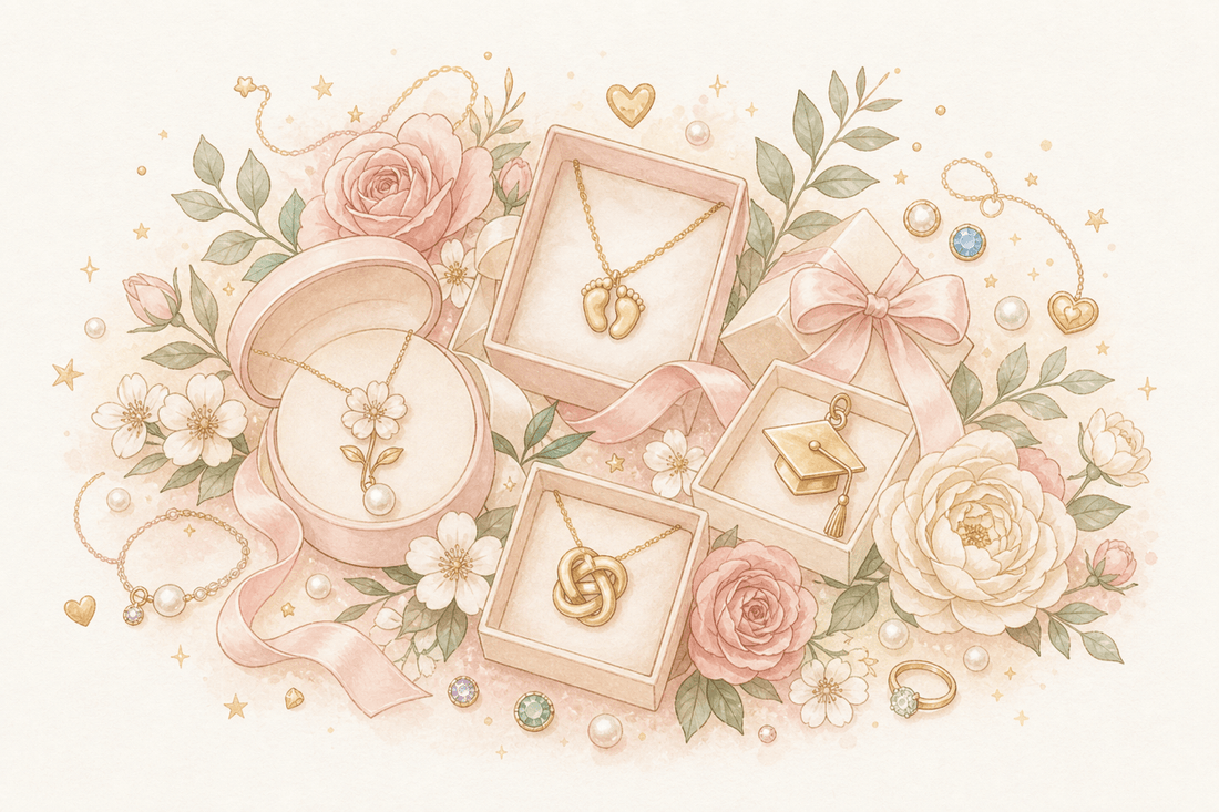 Watercolor illustration of jewelry gift boxes with birth flower necklace, baby feet charm, graduation charm, love knot pendant, flowers, and gemstones