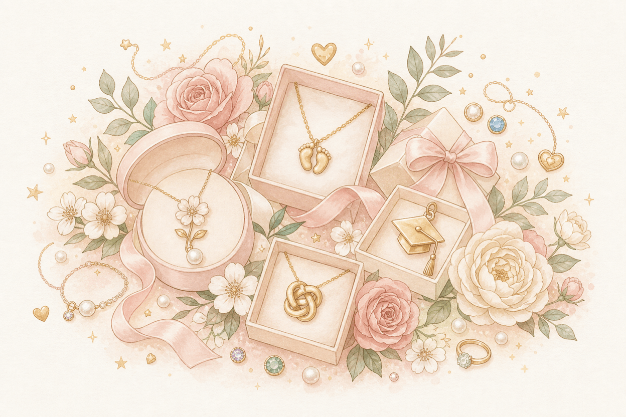 Watercolor illustration of jewelry gift boxes with birth flower necklace, baby feet charm, graduation charm, love knot pendant, flowers, and gemstones