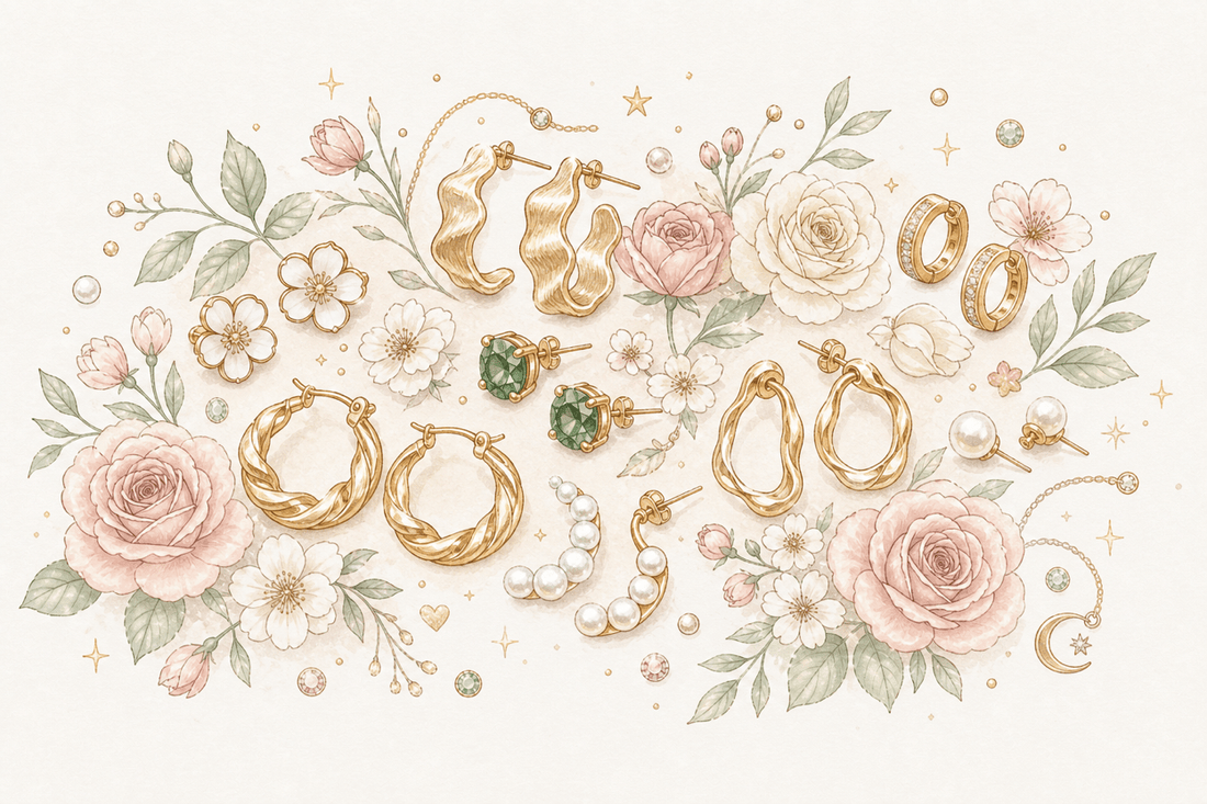 Watercolor illustration of Starryve new arrival earrings with gold hoops, floral studs, emerald studs, pearl earrings, roses, leaves, and starlight accents