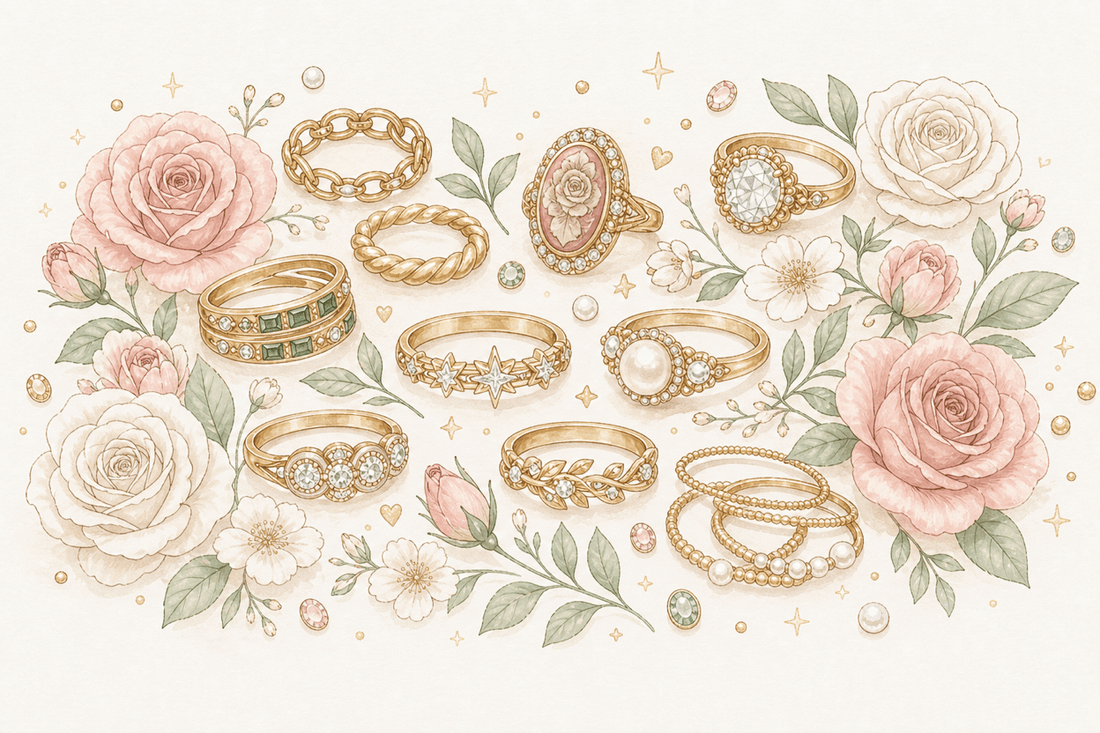 Watercolor illustration of Starryve new arrival rings with chain ring, rope ring, rose cameo ring, emerald ring, celestial band, pearls, flowers, and gold stars