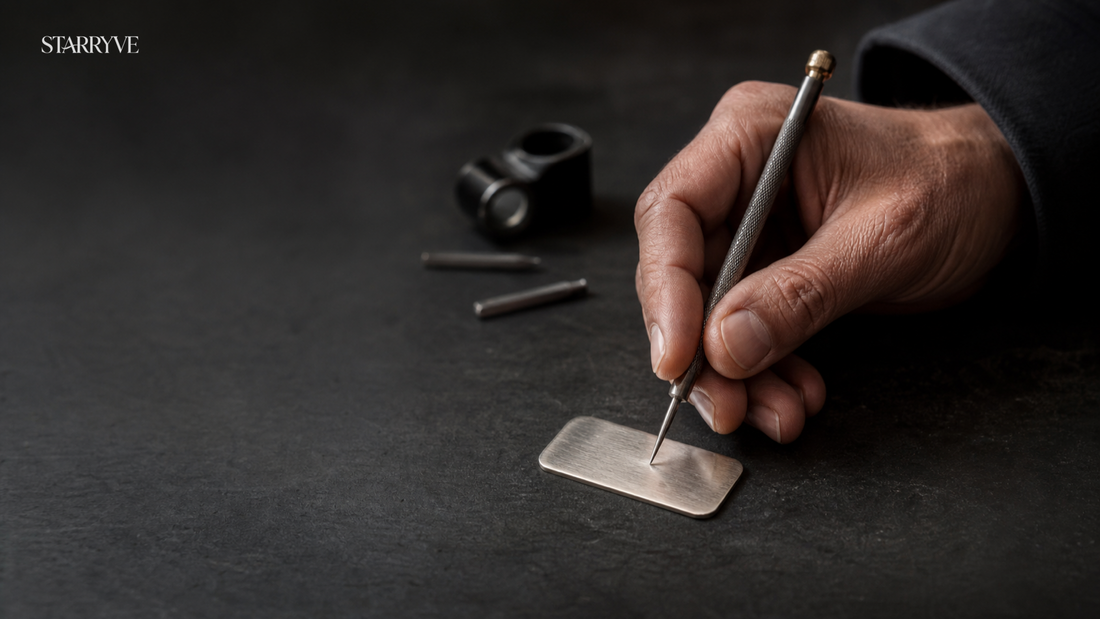 Jewelry artisan engraving a small silver plate by hand