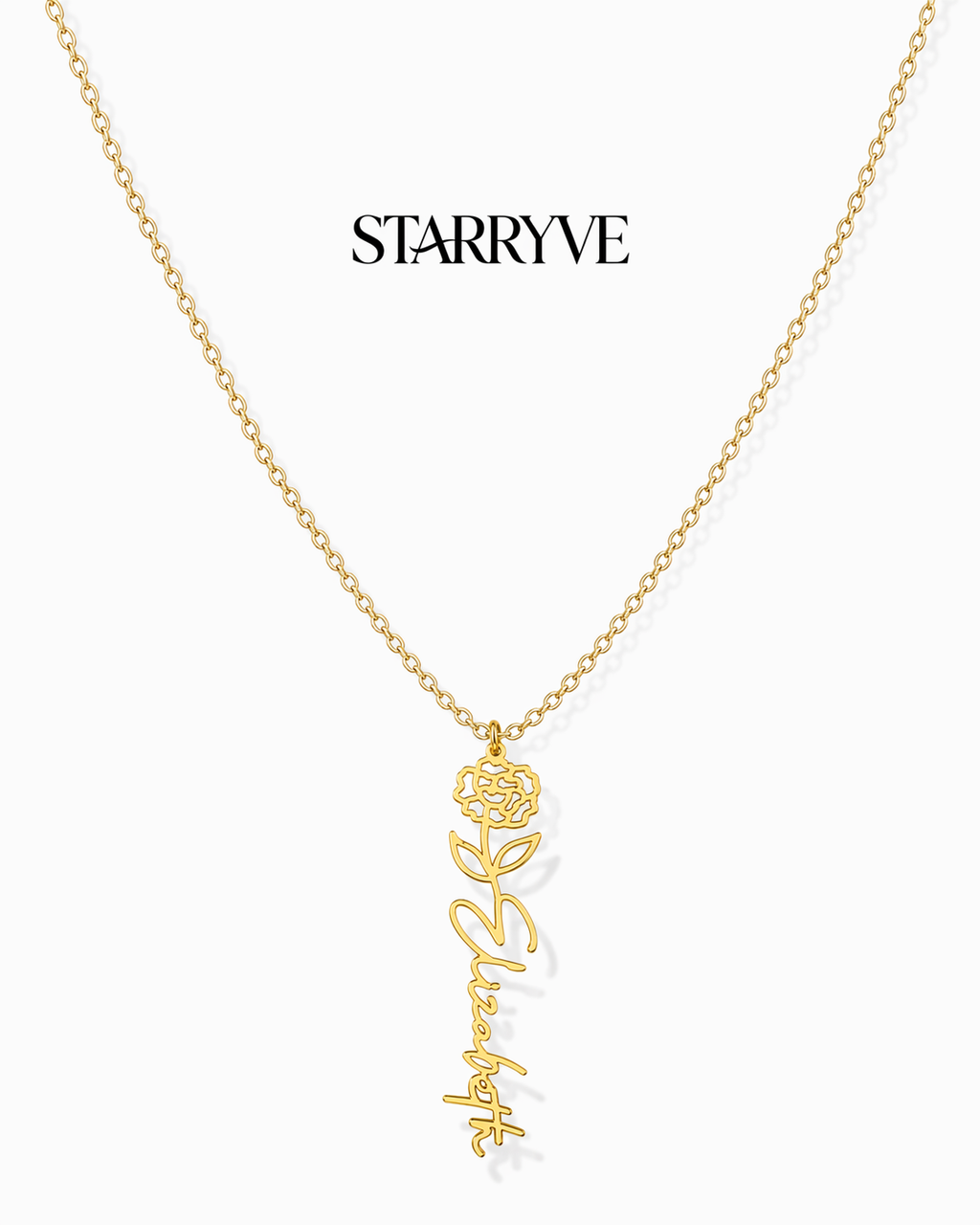 Gold flower name necklace with a birth flower charm and cursive name pendant on a fine chain