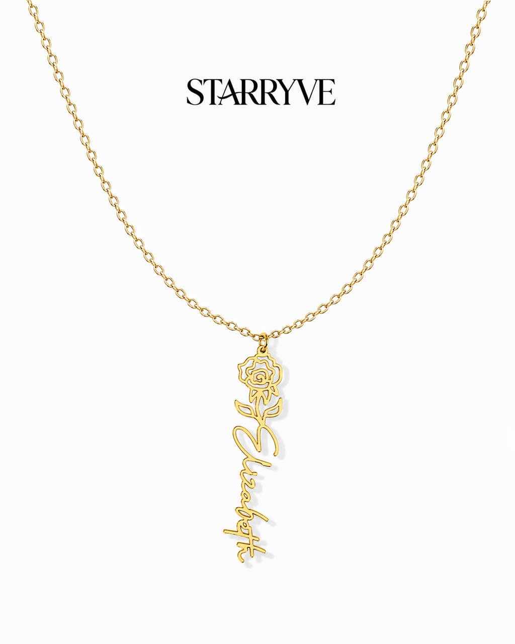 Gold flower name necklace with a birth flower charm and cursive name pendant on a fine chain