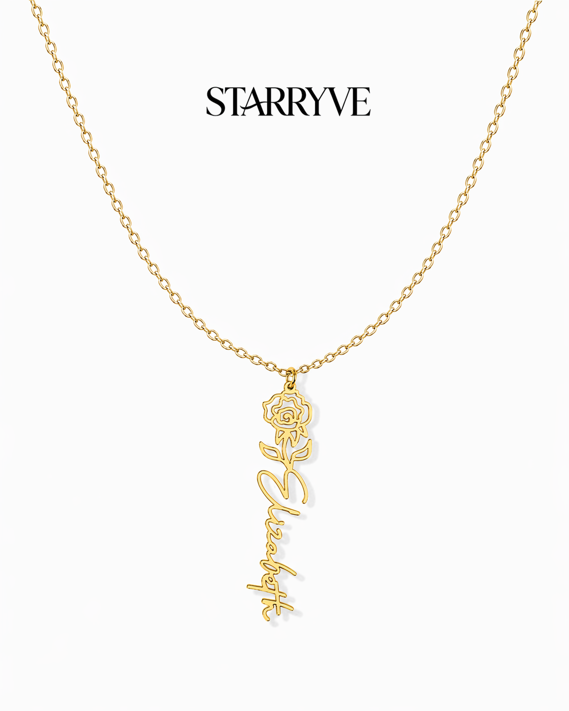 Gold flower name necklace with a birth flower charm and cursive name pendant on a fine chain