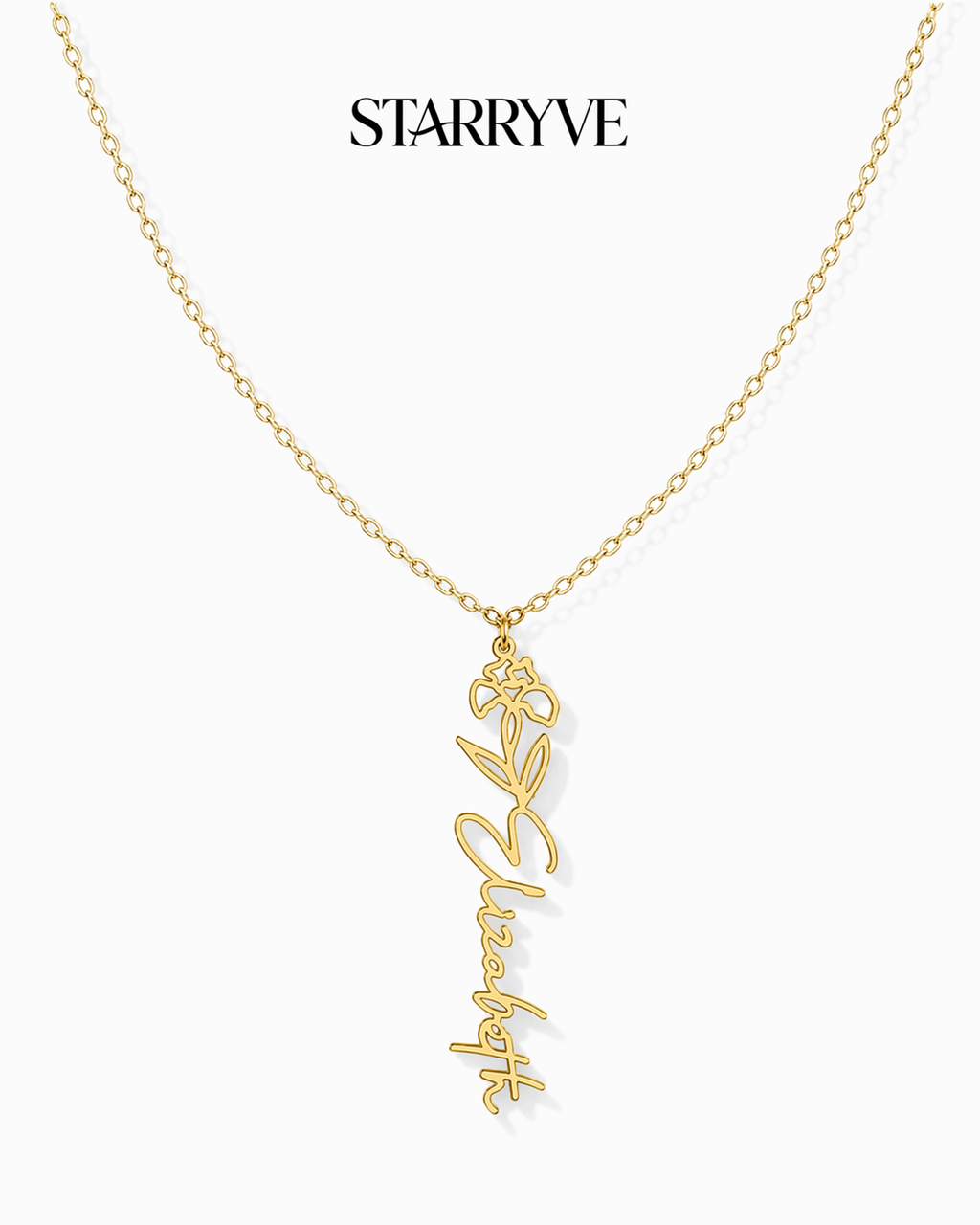 Gold flower name necklace with a birth flower charm and cursive name pendant on a fine chain
