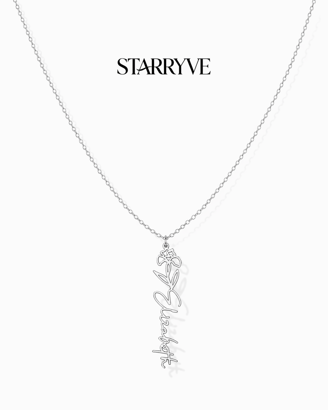 Silver flower name necklace with a birth flower charm and cursive name pendant on a fine chain