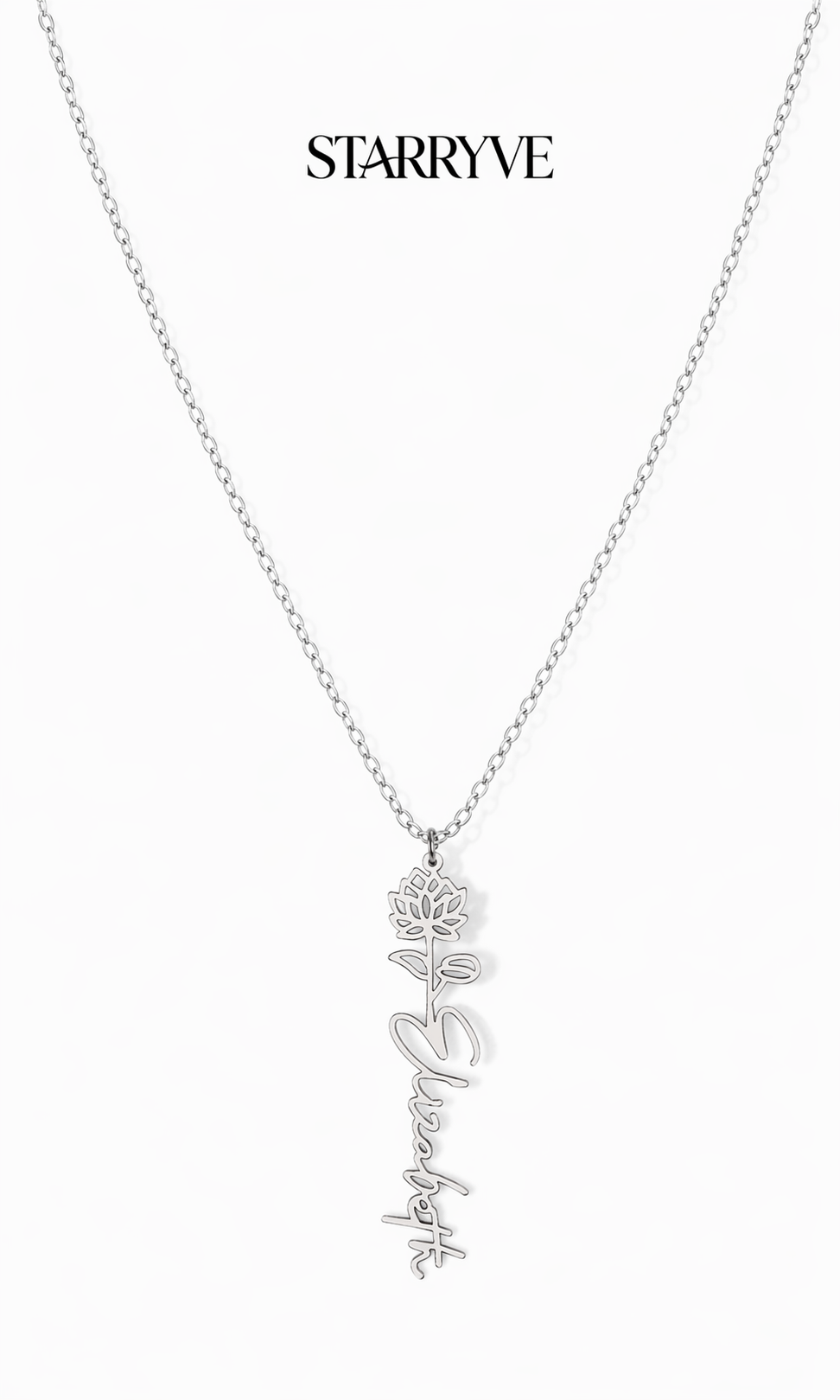 Silver flower name necklace with a birth flower charm and cursive name pendant on a fine chain
