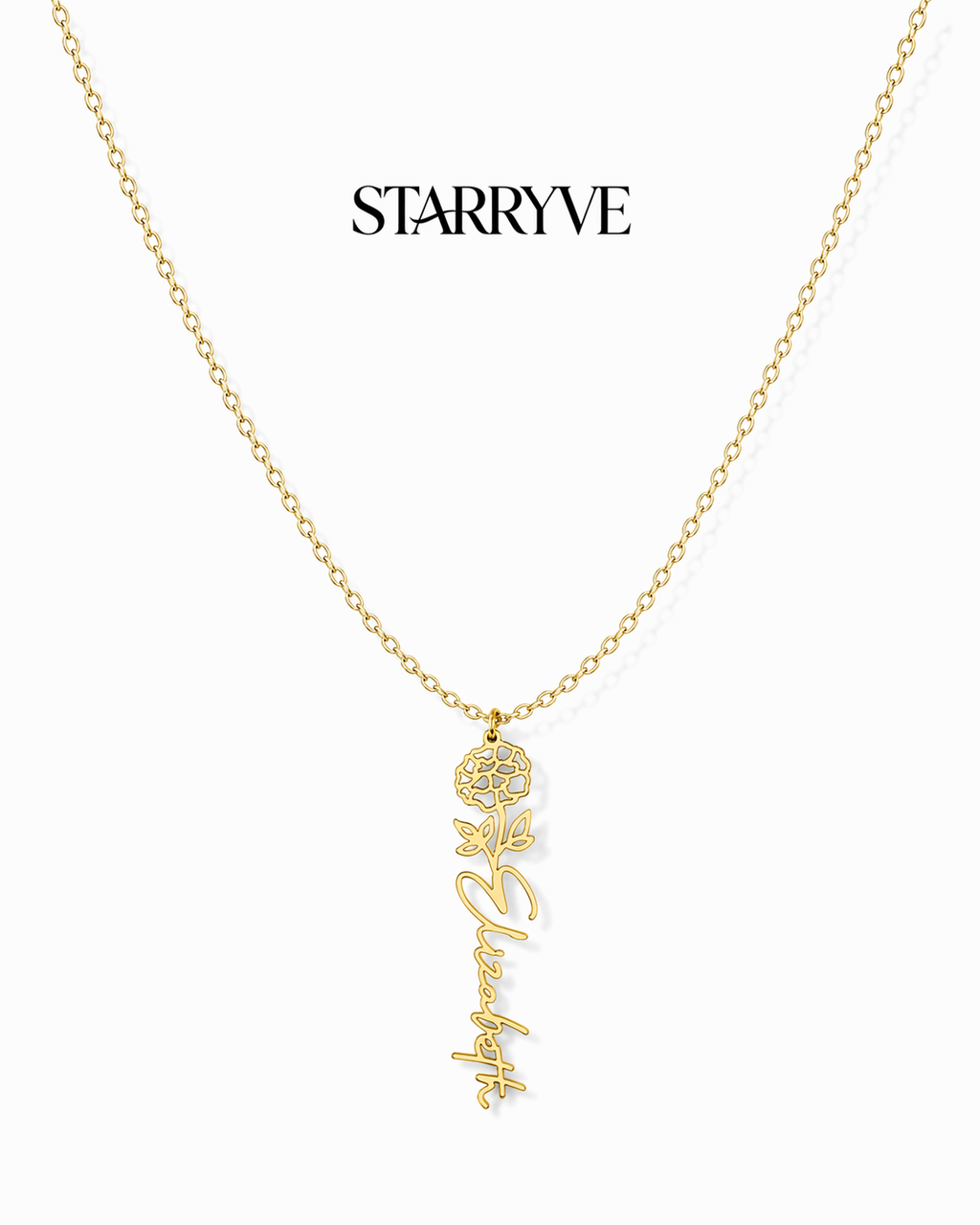 Silver flower name necklace with a birth flower charm and cursive name pendant on a fine chain