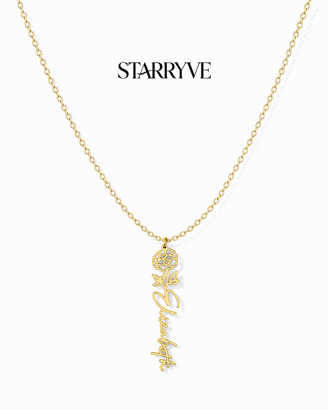 Silver flower name necklace with a birth flower charm and cursive name pendant on a fine chain