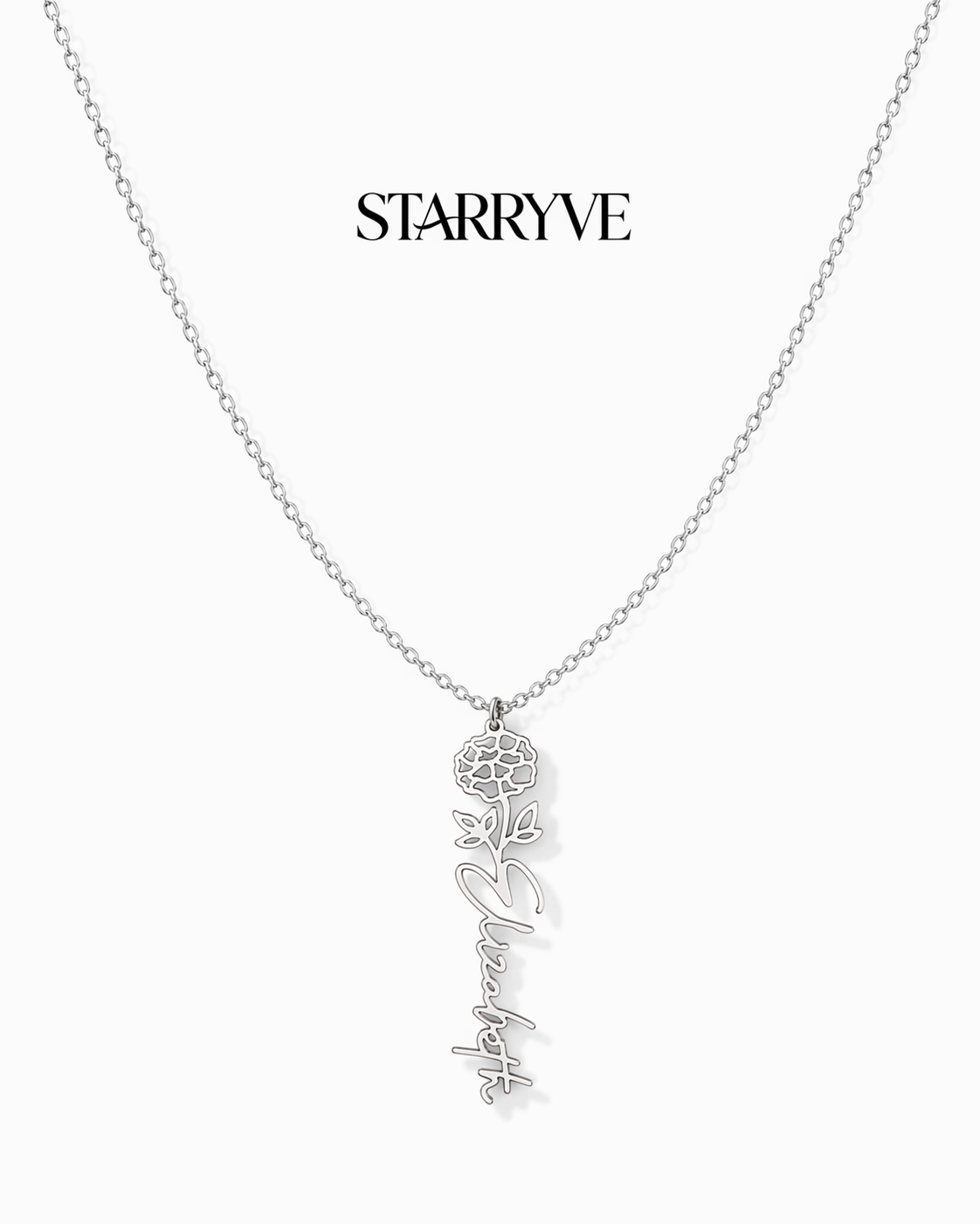 Silver flower name necklace with a birth flower charm and cursive name pendant on a fine chain
