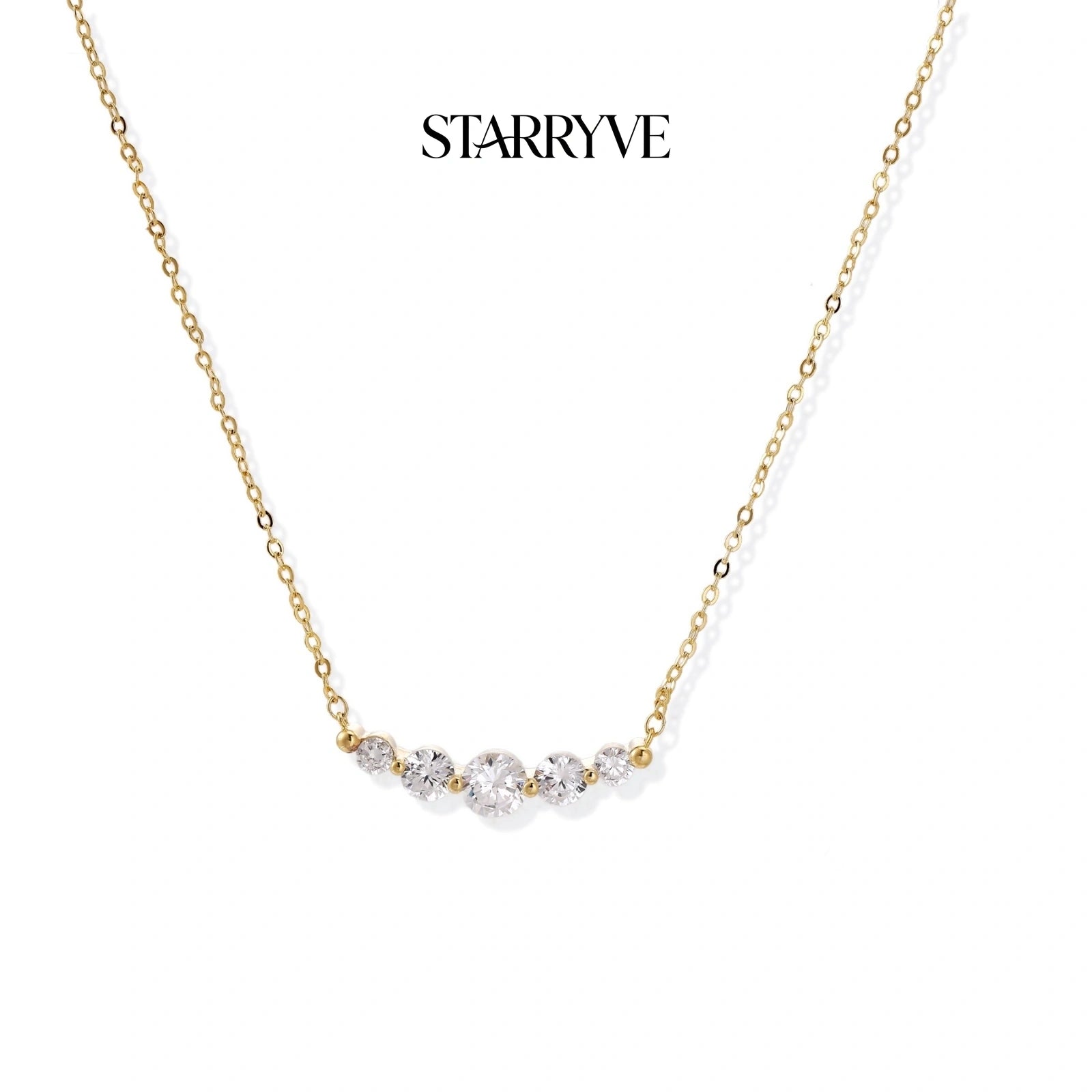 Golden arc necklace with five graduated cubic zirconia stones