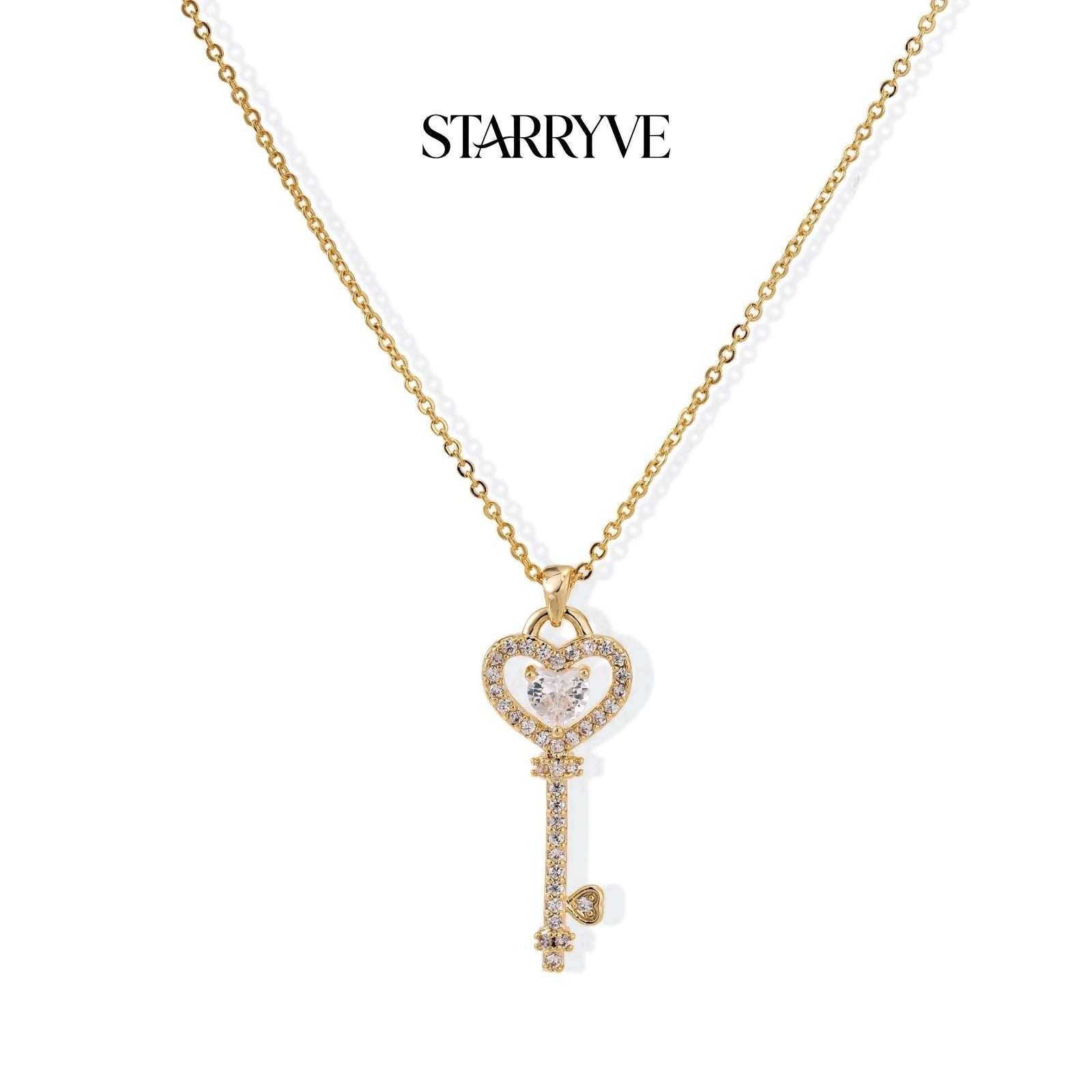 14K gold plated heart key necklace with crystal pavé heart pendant
