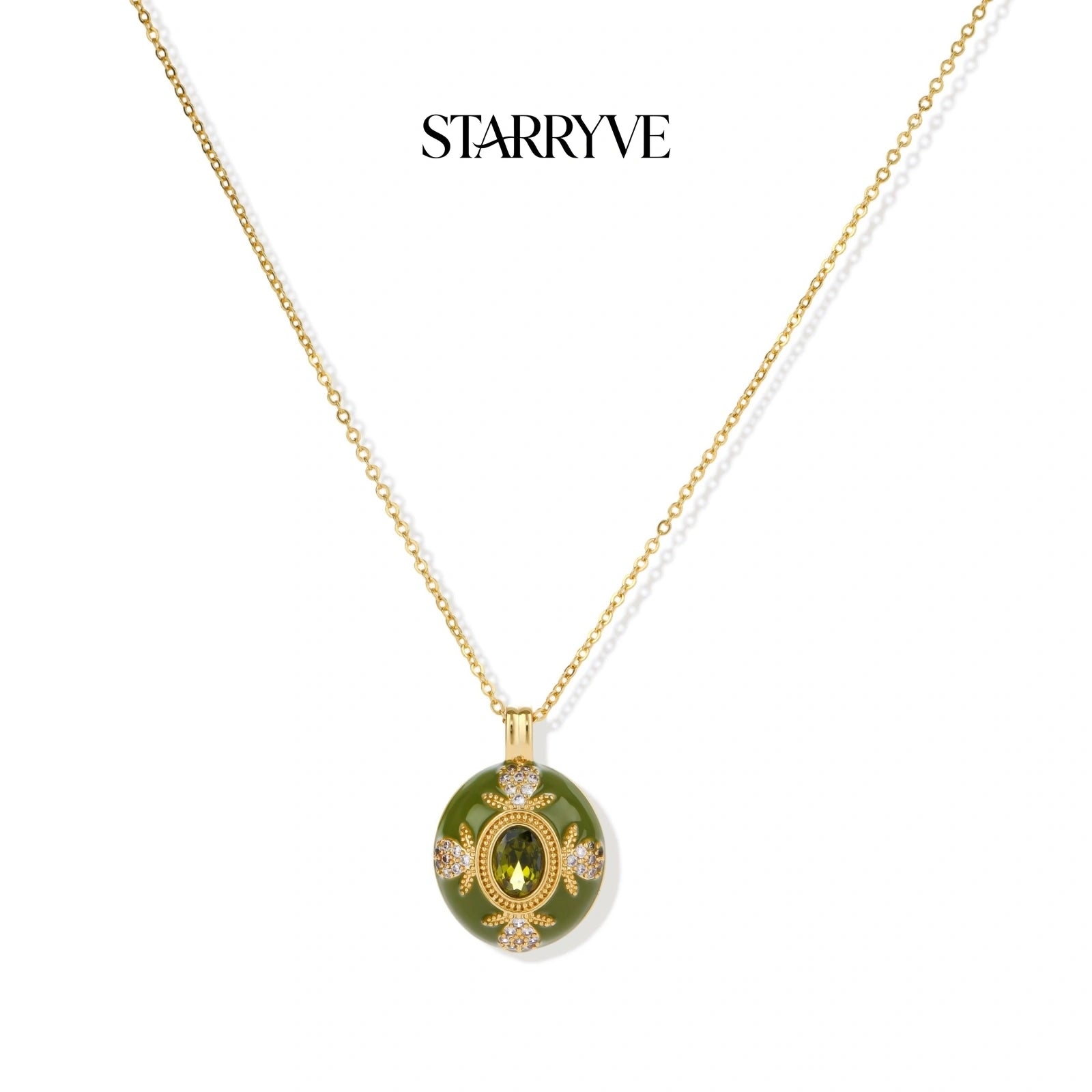 18K gold-plated green enamel pendant with cubic zirconia