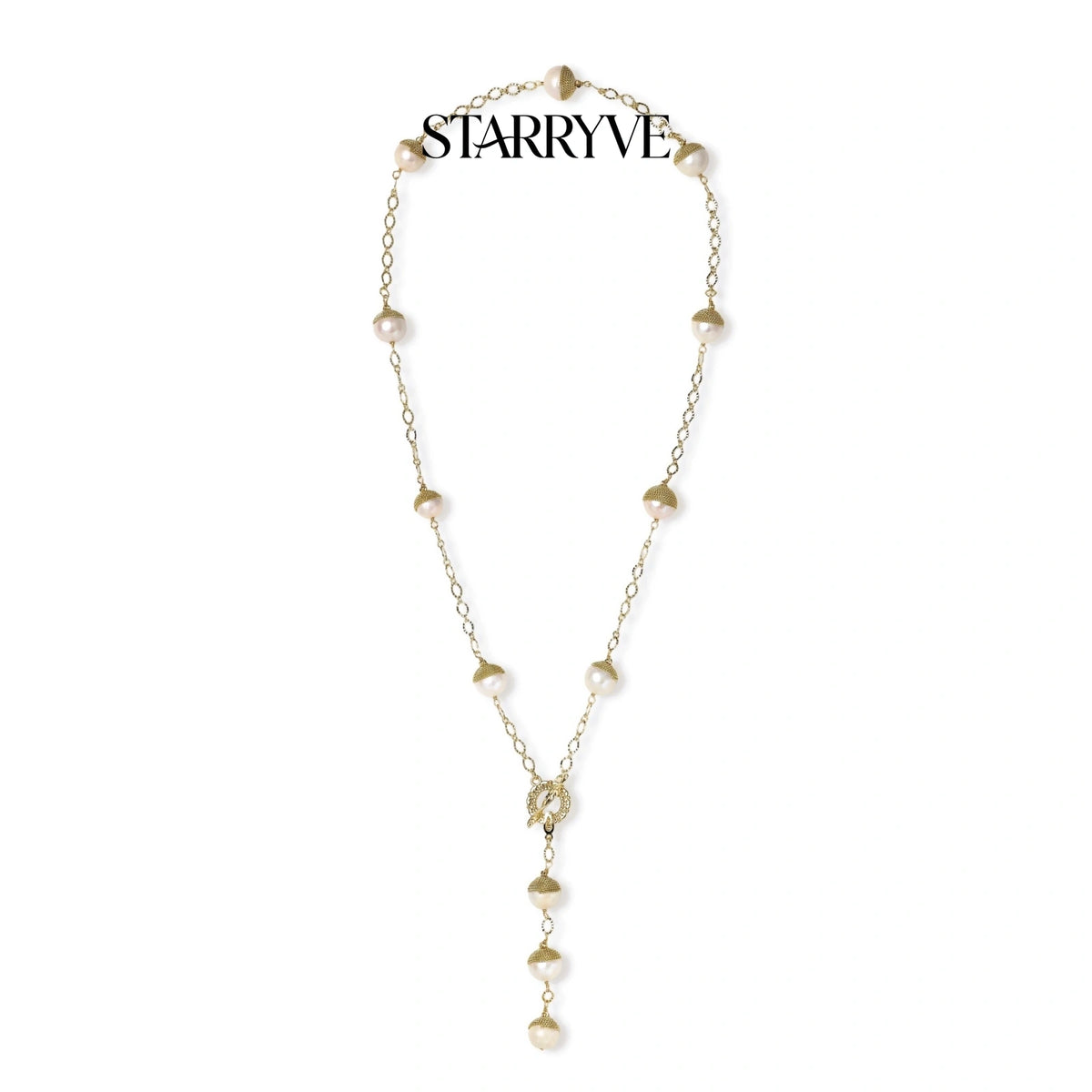 Baroque pearl station lariat necklace with gold textured pearl caps