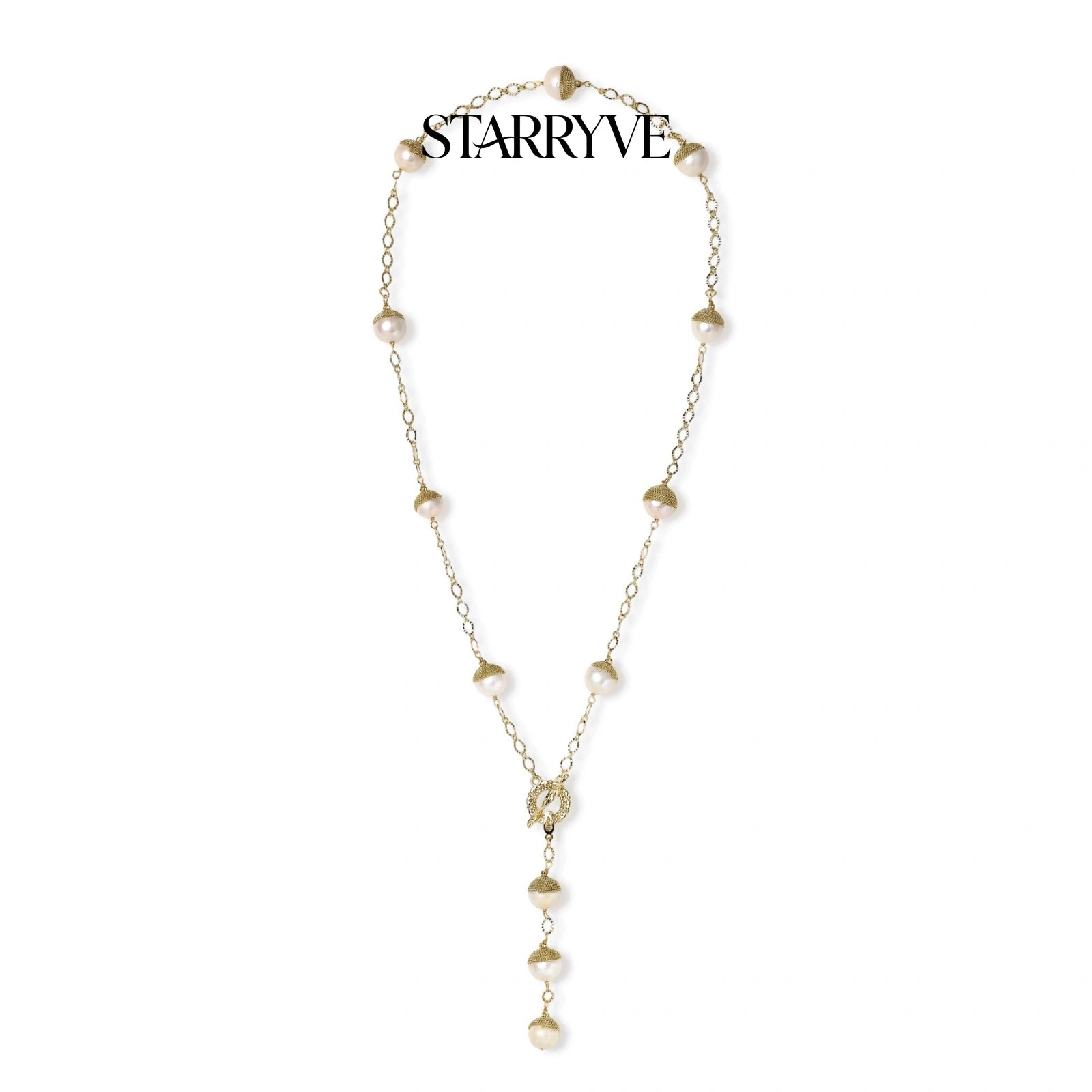 Baroque pearl station lariat necklace with gold textured pearl caps