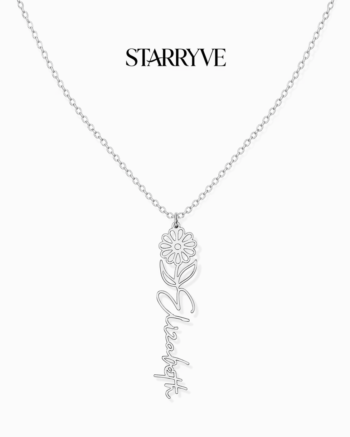Silver flower name necklace with a birth flower charm and cursive name pendant on a fine chain
