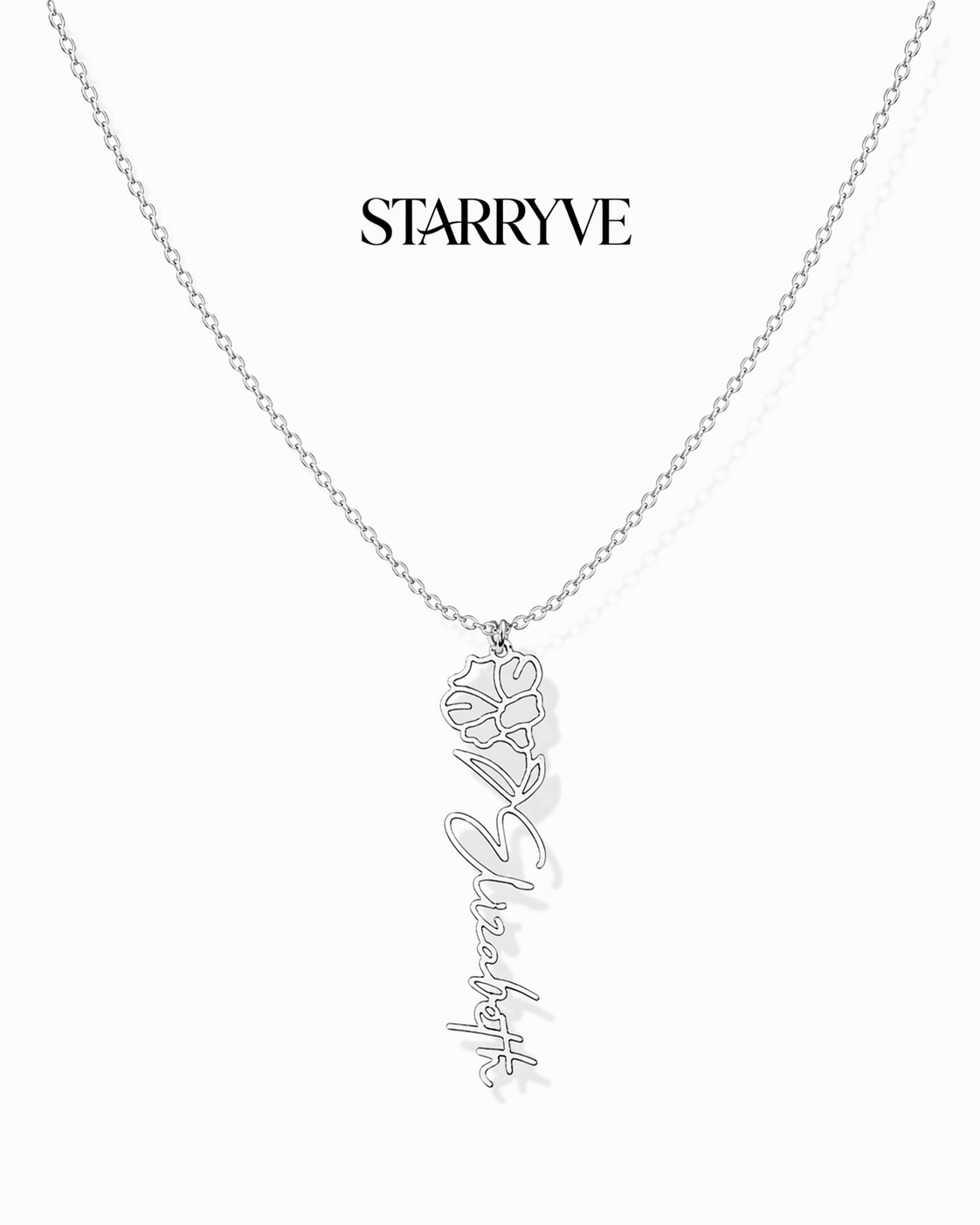 Silver flower name necklace with a birth flower charm and cursive name pendant on a fine chain
