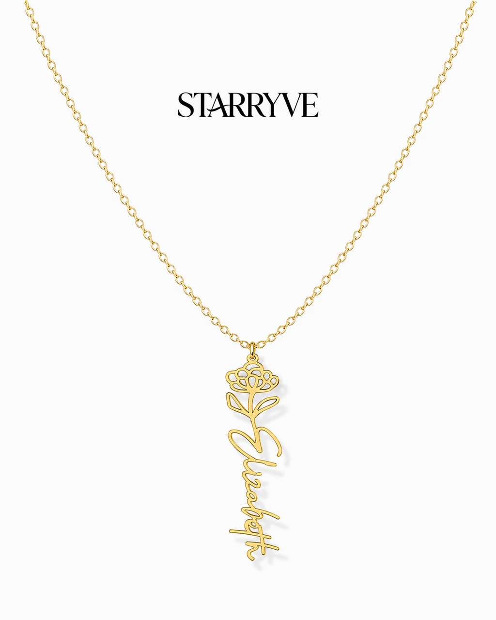 Gold flower name necklace with a birth flower charm and cursive name pendant on a fine chain