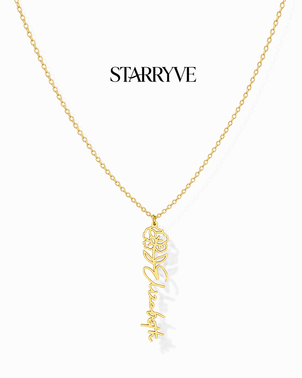 Gold flower name necklace with a birth flower charm and cursive name pendant on a fine chain