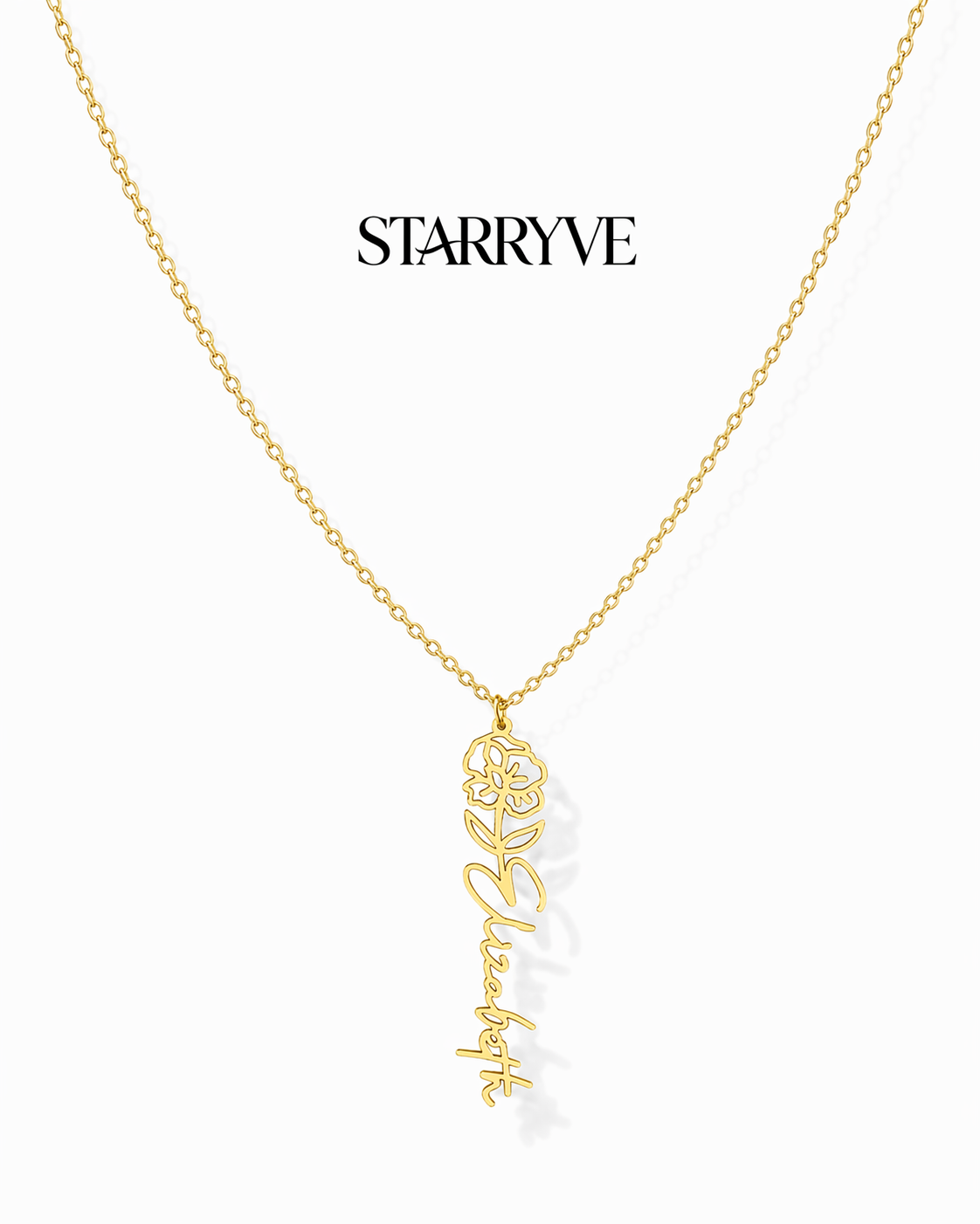 Gold flower name necklace with a birth flower charm and cursive name pendant on a fine chain