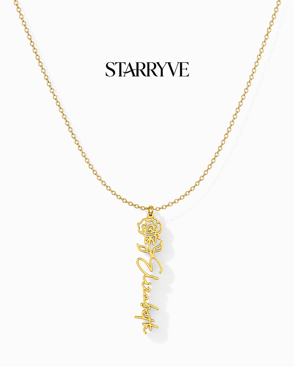 Gold flower name necklace with a birth flower charm and cursive name pendant on a fine chain