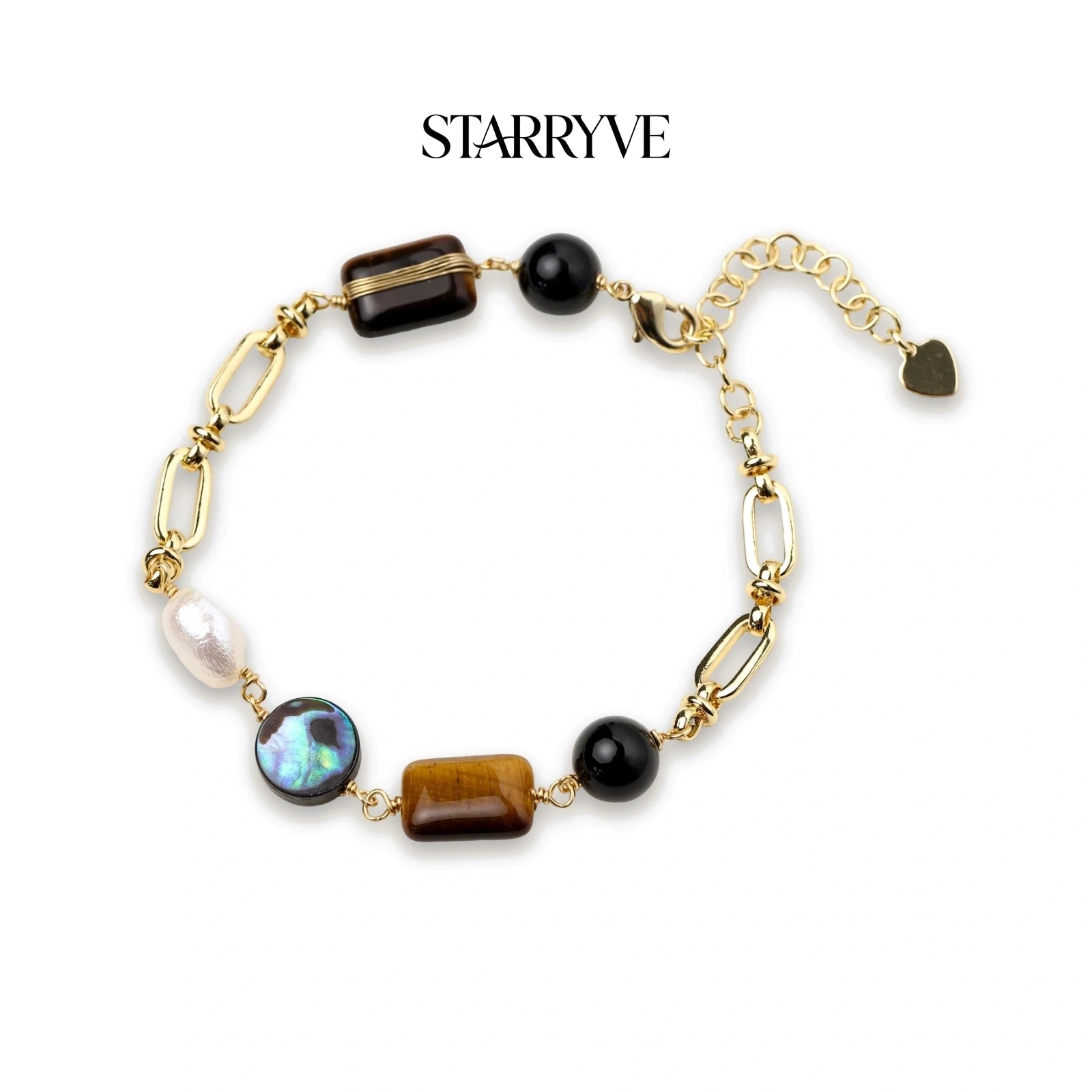 Gold plated earth elements bracelet with tiger's eye, obsidian, pearl, and abalone