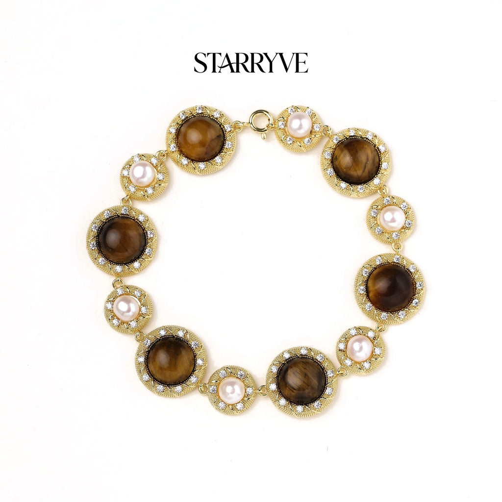 14K gold plated tiger's eye and pearl medallion bracelet