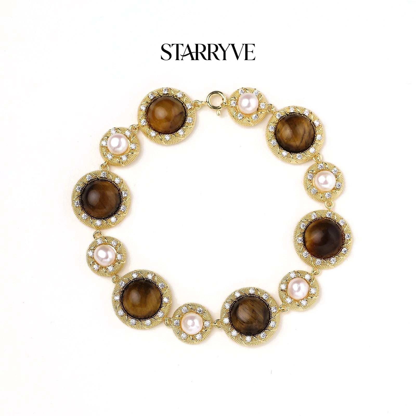 14K gold plated tiger's eye and pearl medallion bracelet