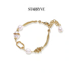 Golden pearl chain bracelet with freshwater pearls and mixed gold eco-brass links