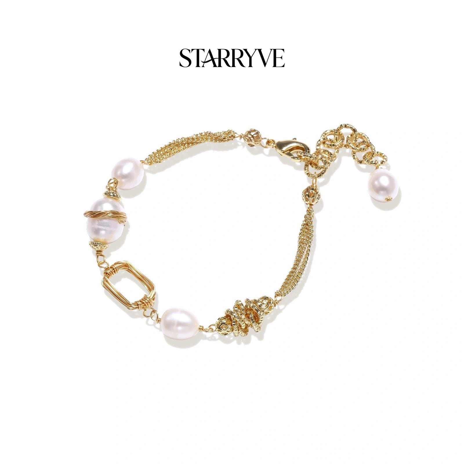 Golden pearl chain bracelet with freshwater pearls and mixed gold-plated links