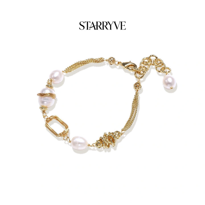 Golden pearl chain bracelet with freshwater pearls and mixed gold-plated links