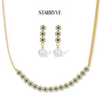 Gold plated emerald garden necklace with green cubic zirconia flower clusters and pearl drop earrings