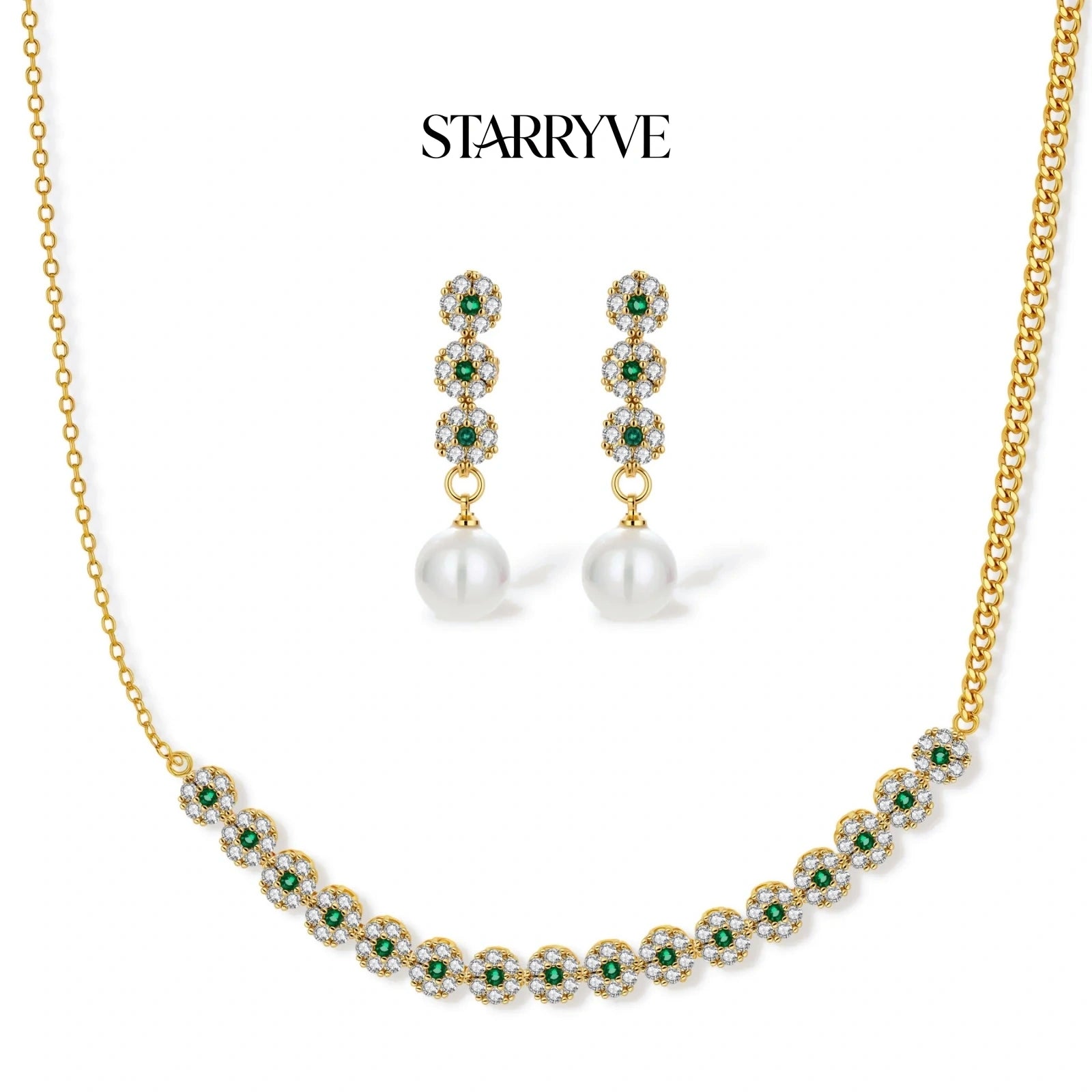 Gold-plated green cubic zirconia flower necklace and pearl drop earrings
