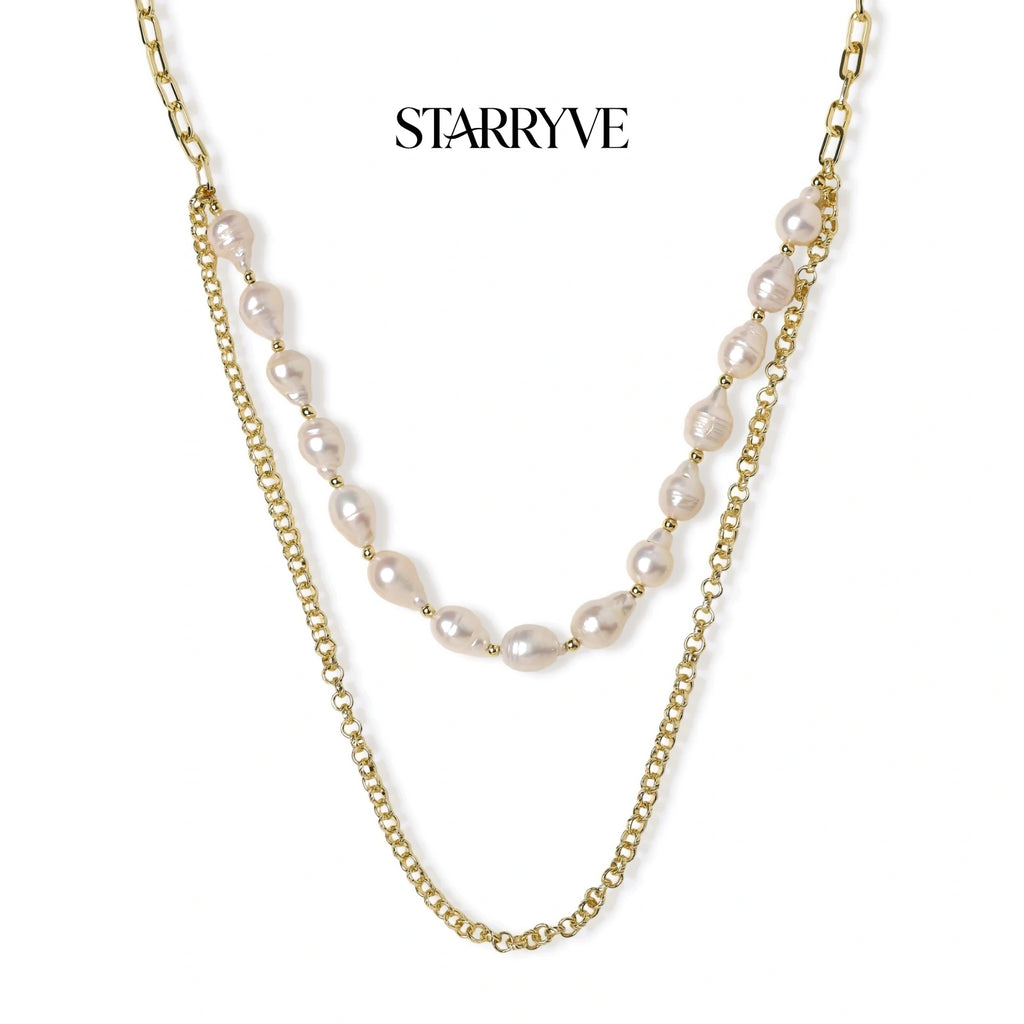 Double-strand necklace with baroque freshwater pearls and a 14K gold paperclip chain