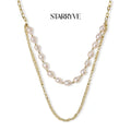 Double-strand necklace with baroque freshwater pearls and a 14K gold paperclip chain