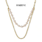 Double-strand necklace with baroque freshwater pearls and a 14K gold paperclip chain