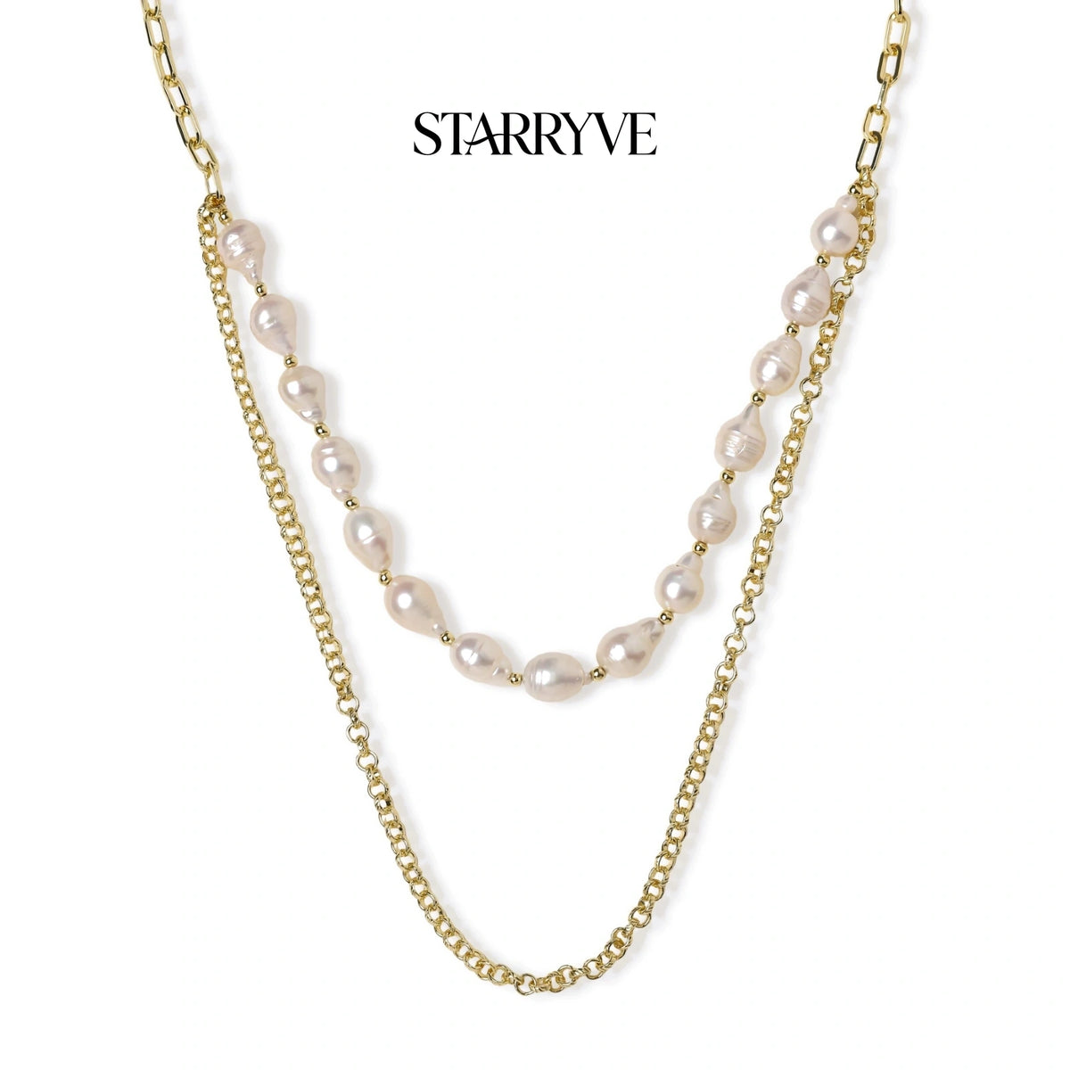 Double-strand necklace with baroque freshwater pearls and a 14K gold plated chain
