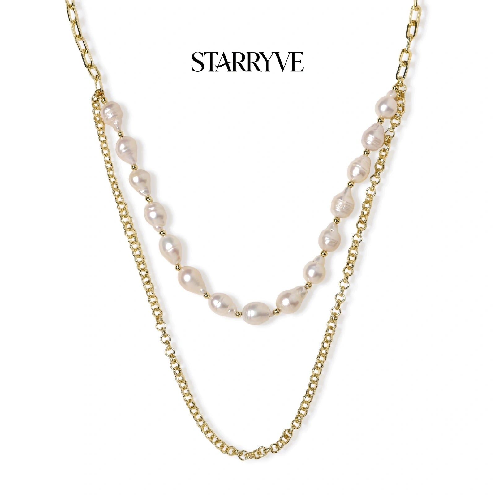 Double-strand necklace with baroque freshwater pearls and a 14K gold paperclip chain
