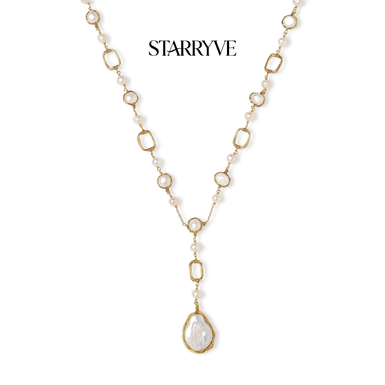Lumina pearl station necklace with freshwater pearl stations and baroque pearl pendant drop