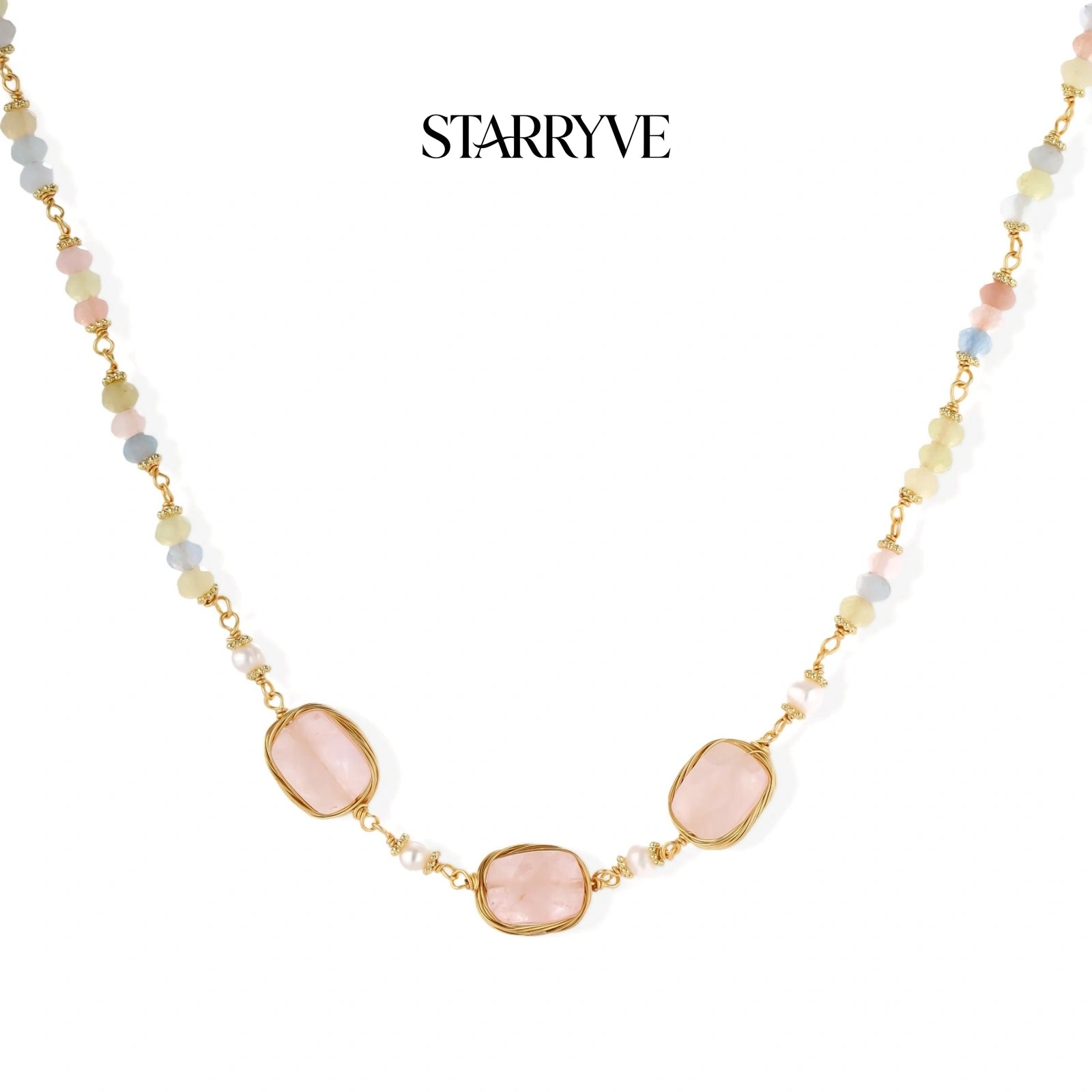 Rose quartz and pearl necklace with pastel beads in 18K gold plated brass